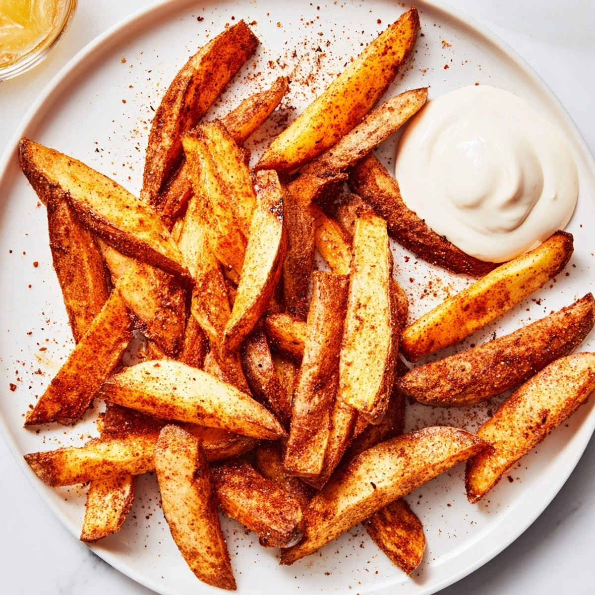 Close-up of Cajun Spiced Fries with Spicy Mayo, showcasing crunchy texture and vibrant seasoning for a savory snack.