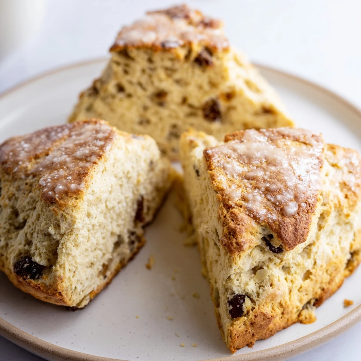 Freshly baked Irish Soda Bread Scones with Currants arranged on a rustic wooden board, showcasing their golden crust and tender crumb. 