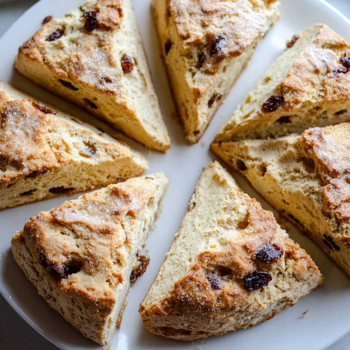 Close-up of golden-brown Irish Soda Bread Scones with Currants highlighting the juicy currants embedded in the soft dough.