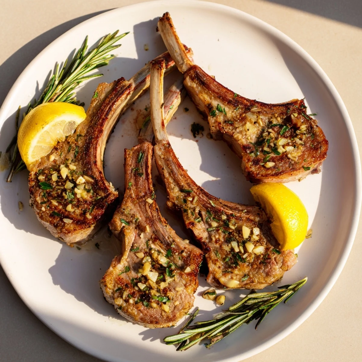 Golden-brown roasted lamb chops with garlic and rosemary rest on a rustic platter, garnished with fresh herbs and lemon wedges.