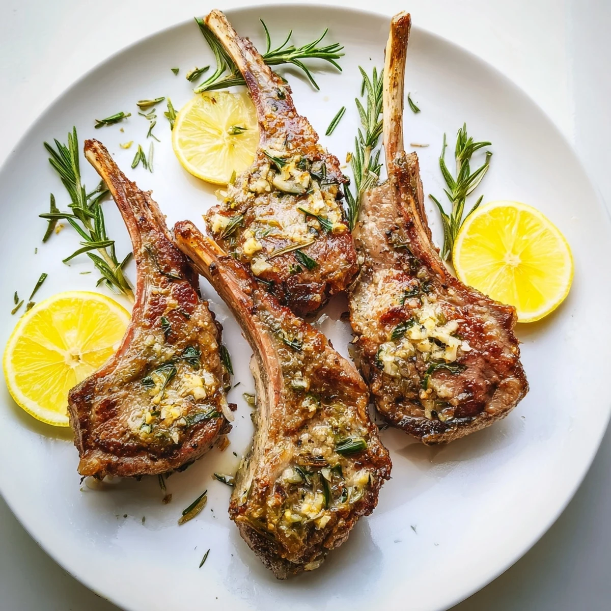 Tender, medium-rare roasted lamb chops with garlic and rosemary sit beside roasted potatoes, drizzled with olive oil and herbs.
