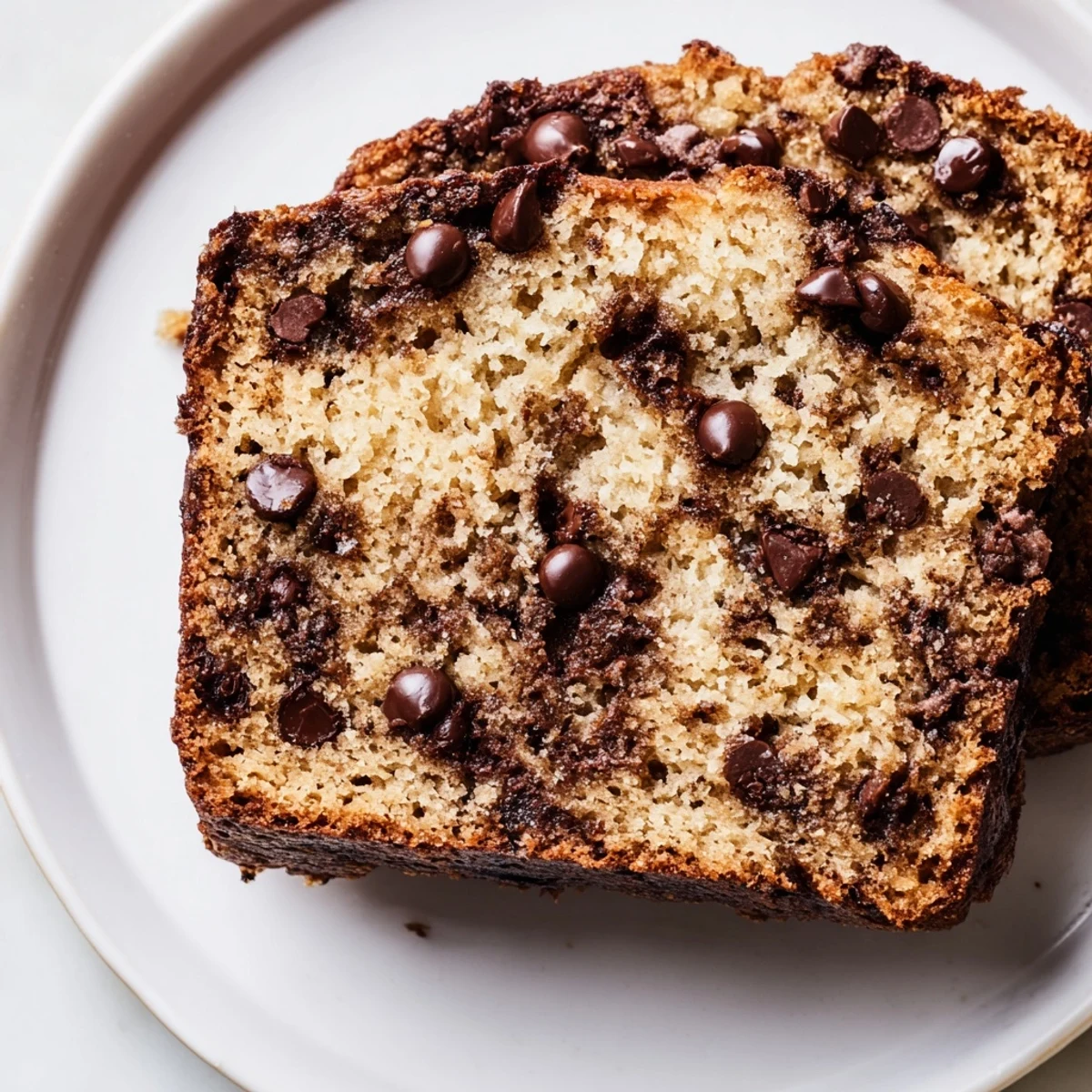 A warm, golden Chocolate Chip Banana Bread Loaf topped with melted chocolate chips on a rustic wooden table.