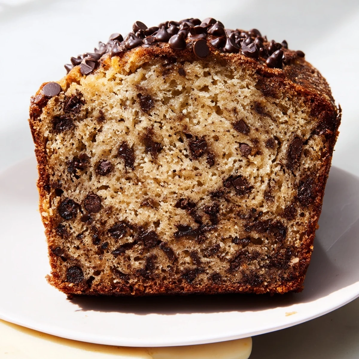 A close-up of a moist Chocolate Chip Banana Bread Loaf slice beside a glass of milk for dipping.