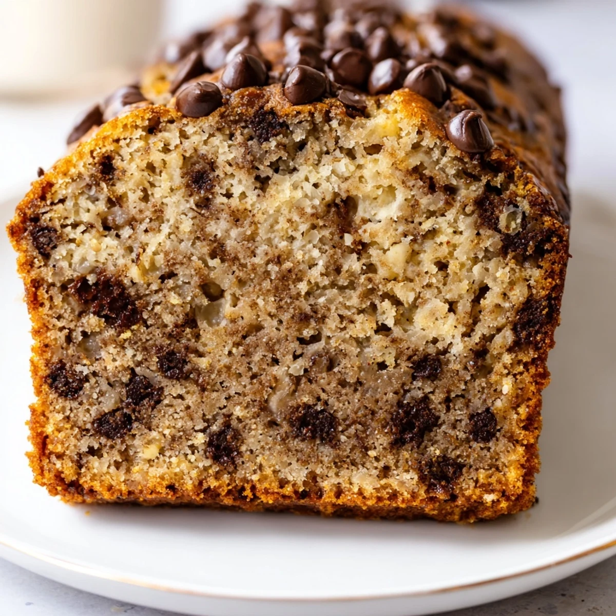 Freshly baked Chocolate Chip Banana Bread Loaf cut into thick slices, revealing moist crumbs and chocolate pockets.