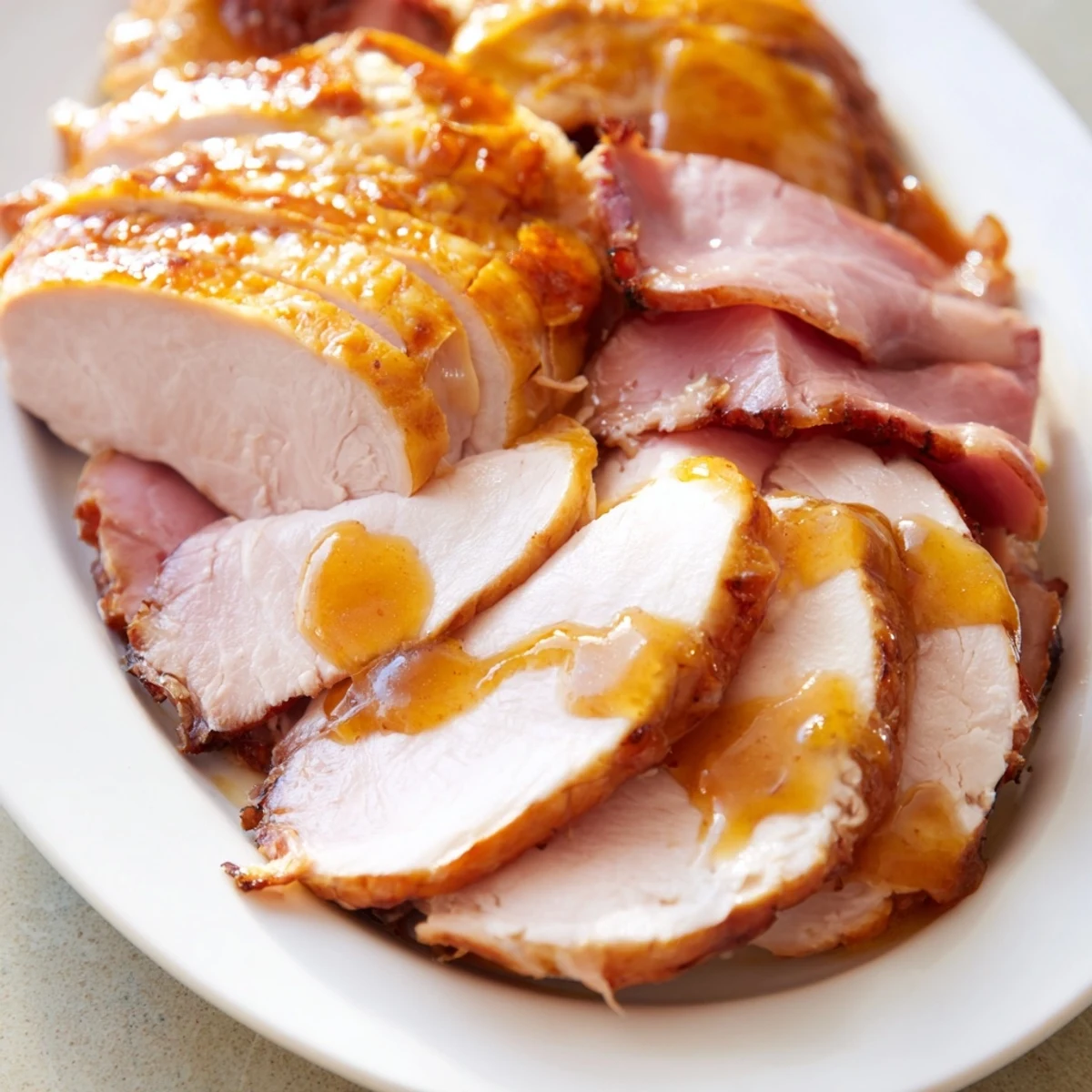 Glazed Easter Turkey Ham Roast slices arranged on a serving platter with golden-brown skin, glossy glaze, and spring vegetables for a festive Easter meal.