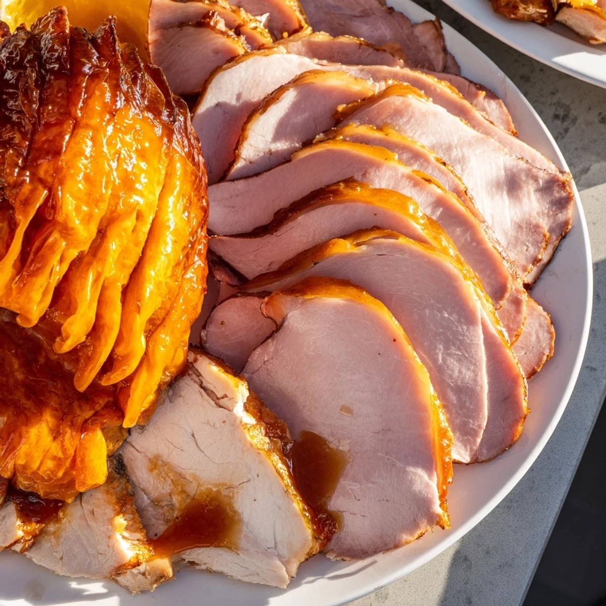 Freshly carved Easter Turkey Ham Roast rests on a platter, juicy slices of turkey and smoky ham coated in honey-Dijon glaze alongside scalloped potatoes.