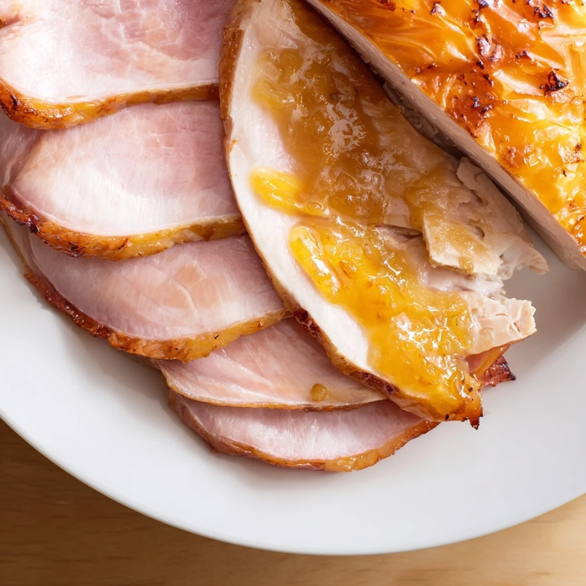 Succulent Easter Turkey Ham Roast with a caramelized glaze, garnished with herbs and served warm for an inviting Easter family dinner table.