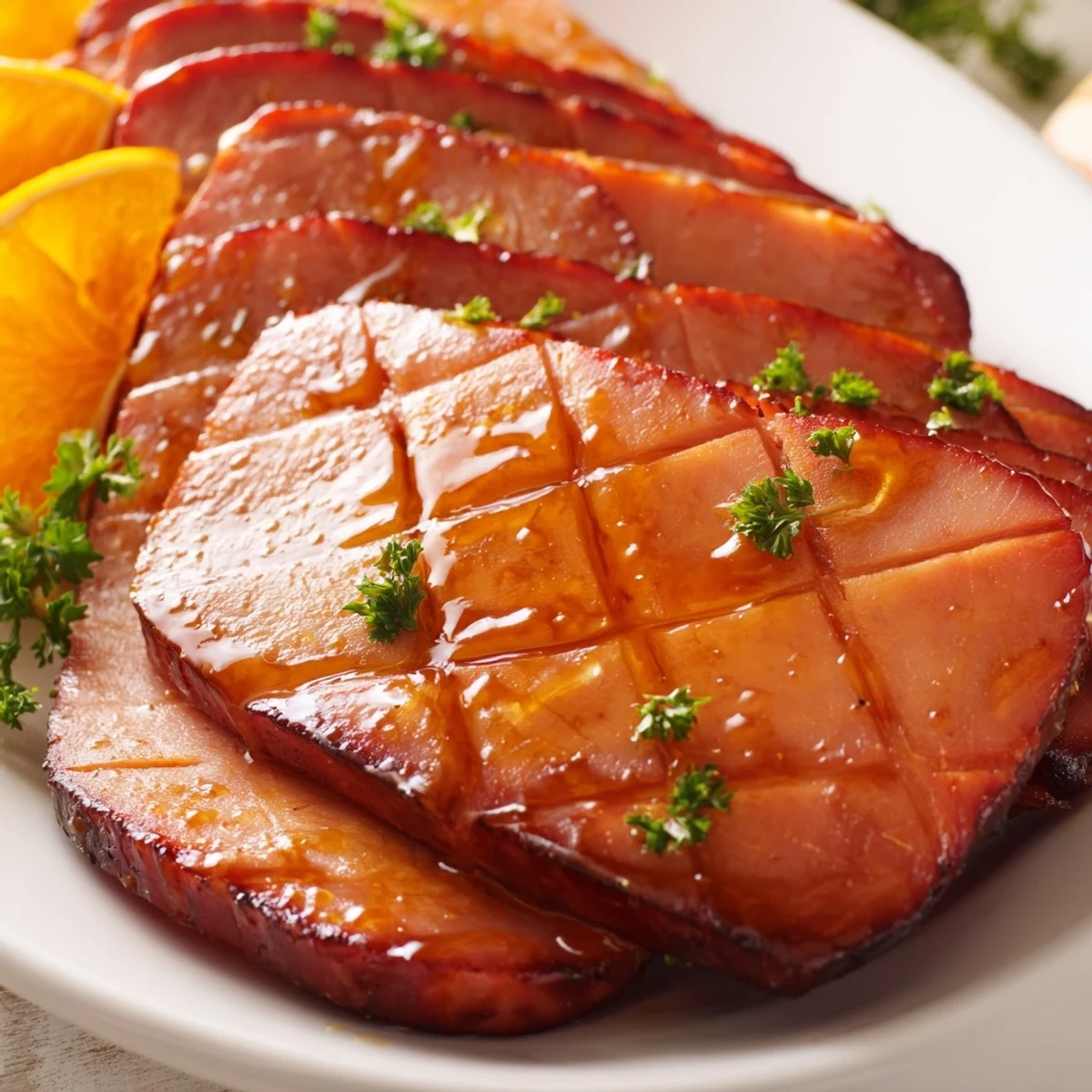 A juicy Easter Turkey Ham Roast with Glaze sits sliced, revealing tender meat with a caramelized surface.