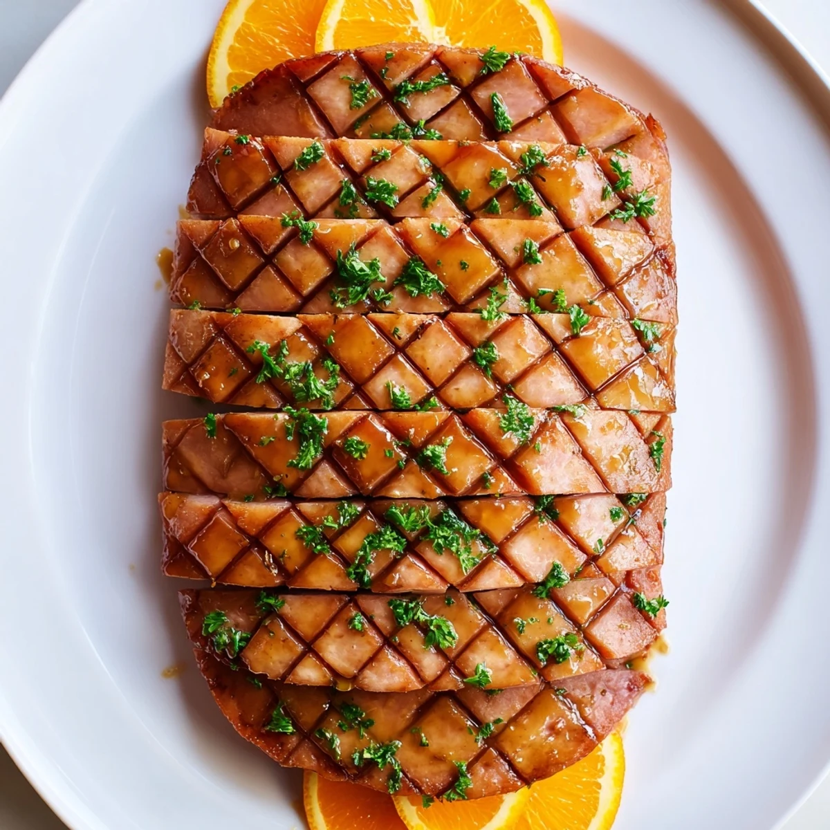 Close-up of glazed Easter Turkey Ham Roast with Glaze and parsley garnish on a white serving platter.