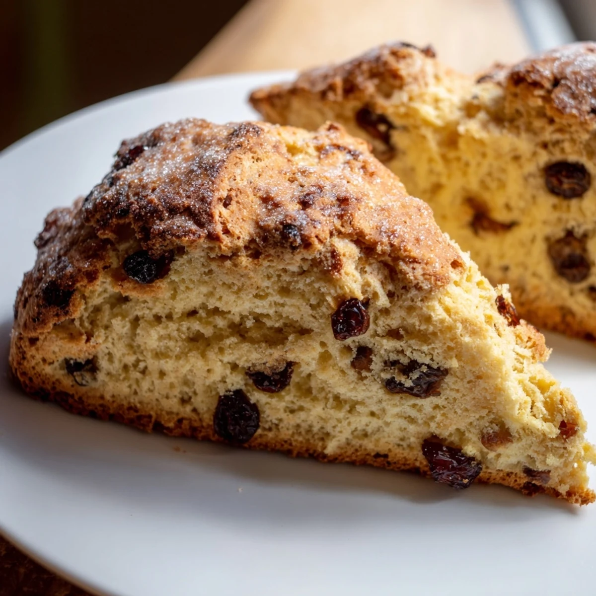 Freshly baked Irish Soda Bread Scones with Currants on a rustic wooden board, showcasing their golden crust and soft, tender texture.