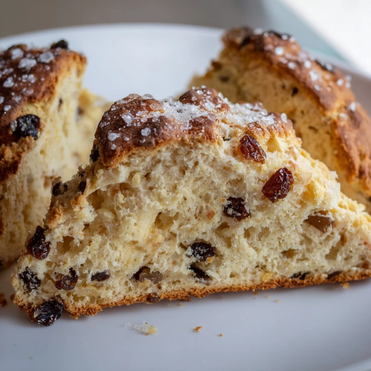 Warm Irish Soda Bread Scones with Currants served on a plate alongside a steaming cup of tea and a side of Irish butter.