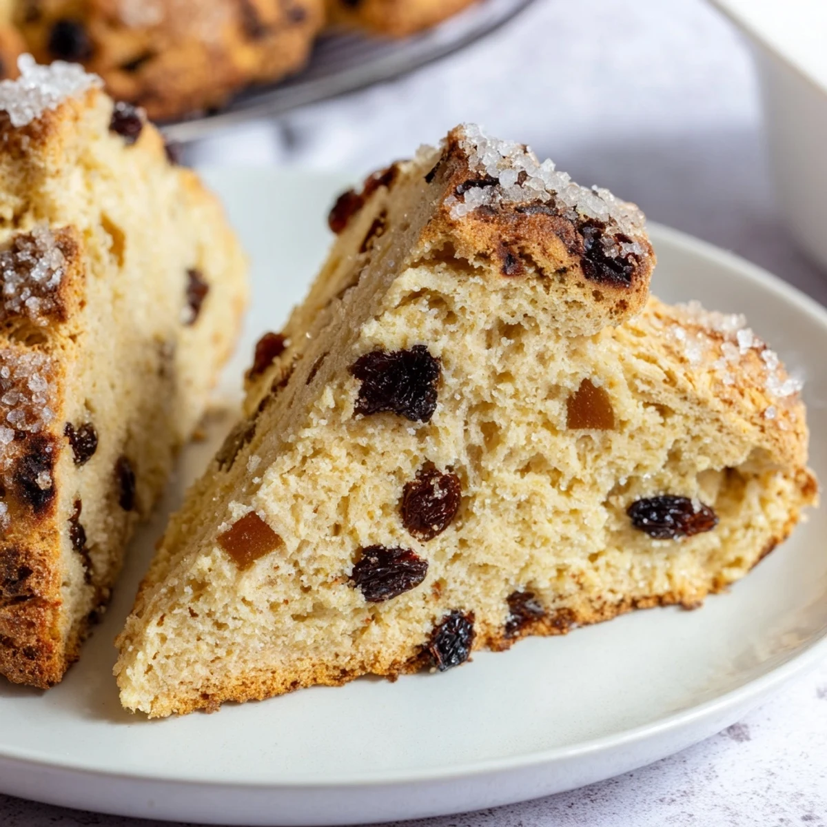 Golden-brown Irish Soda Bread Scones with Currants, featuring visible currant pieces and a coarse sugar topping, ready to enjoy.