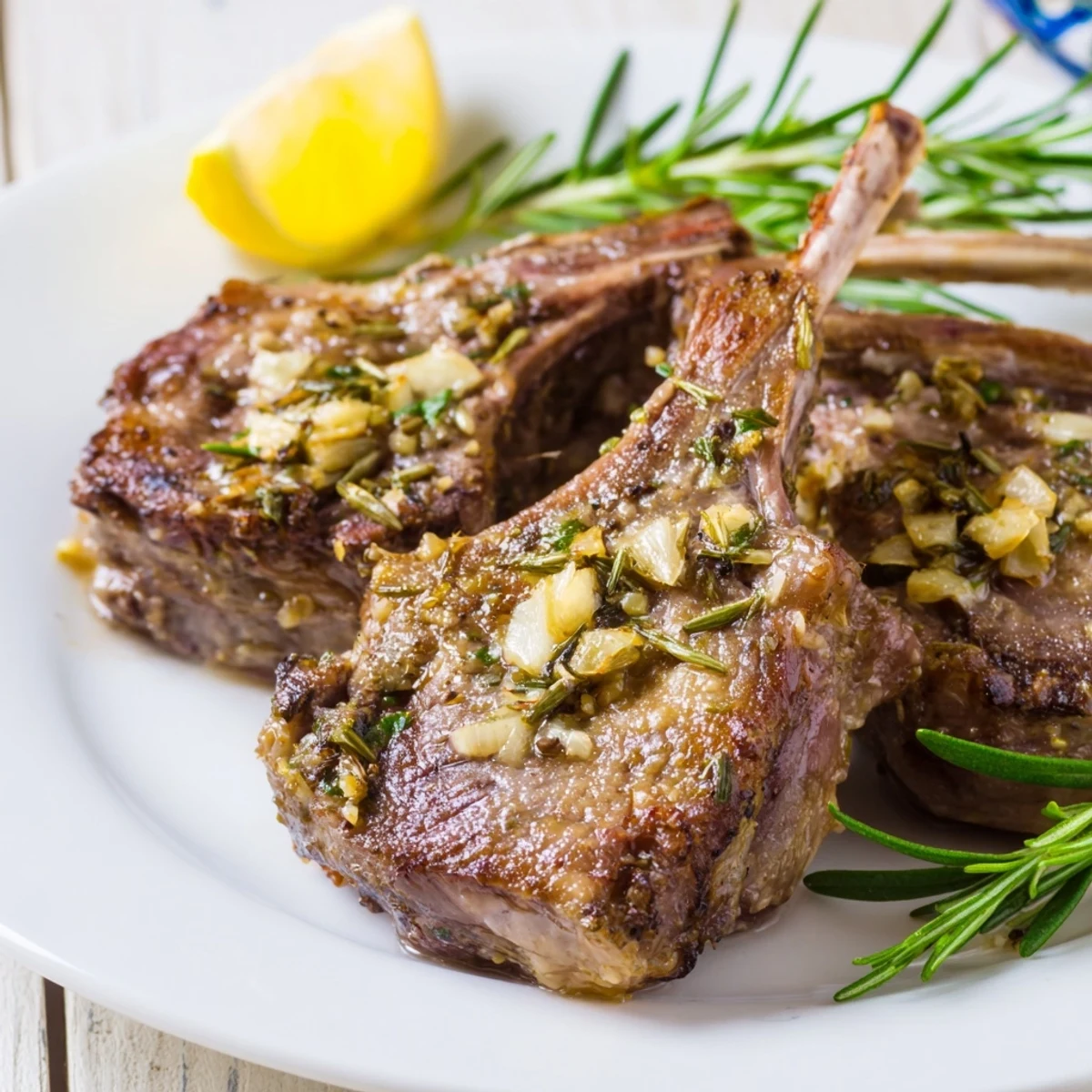 Succulent Roasted Lamb Chops with Garlic and Rosemary feature a juicy pink center, served alongside roasted potatoes and greens.