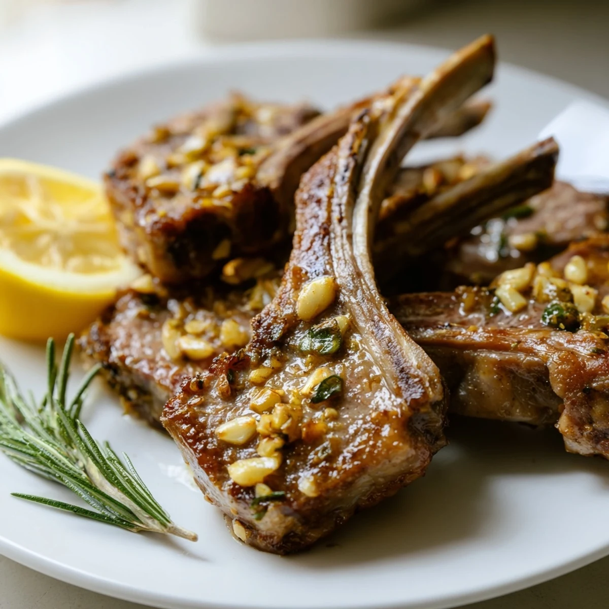 A close-up of Roasted Lamb Chops with Garlic and Rosemary highlights the seared crust and aromatic rosemary sprigs.