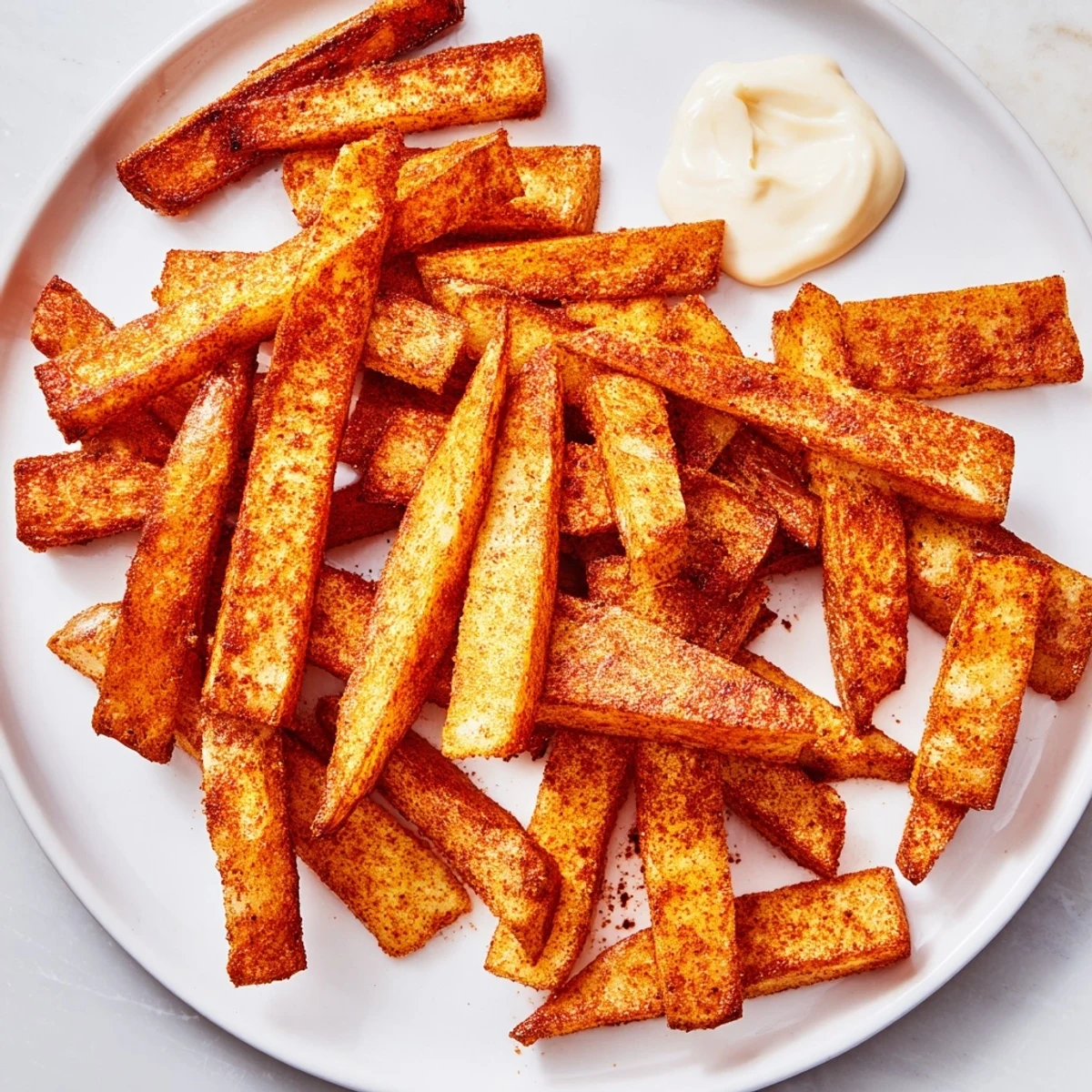 A close-up of Cajun Spiced Fries with Spicy Mayo served alongside fresh parsley garnish.