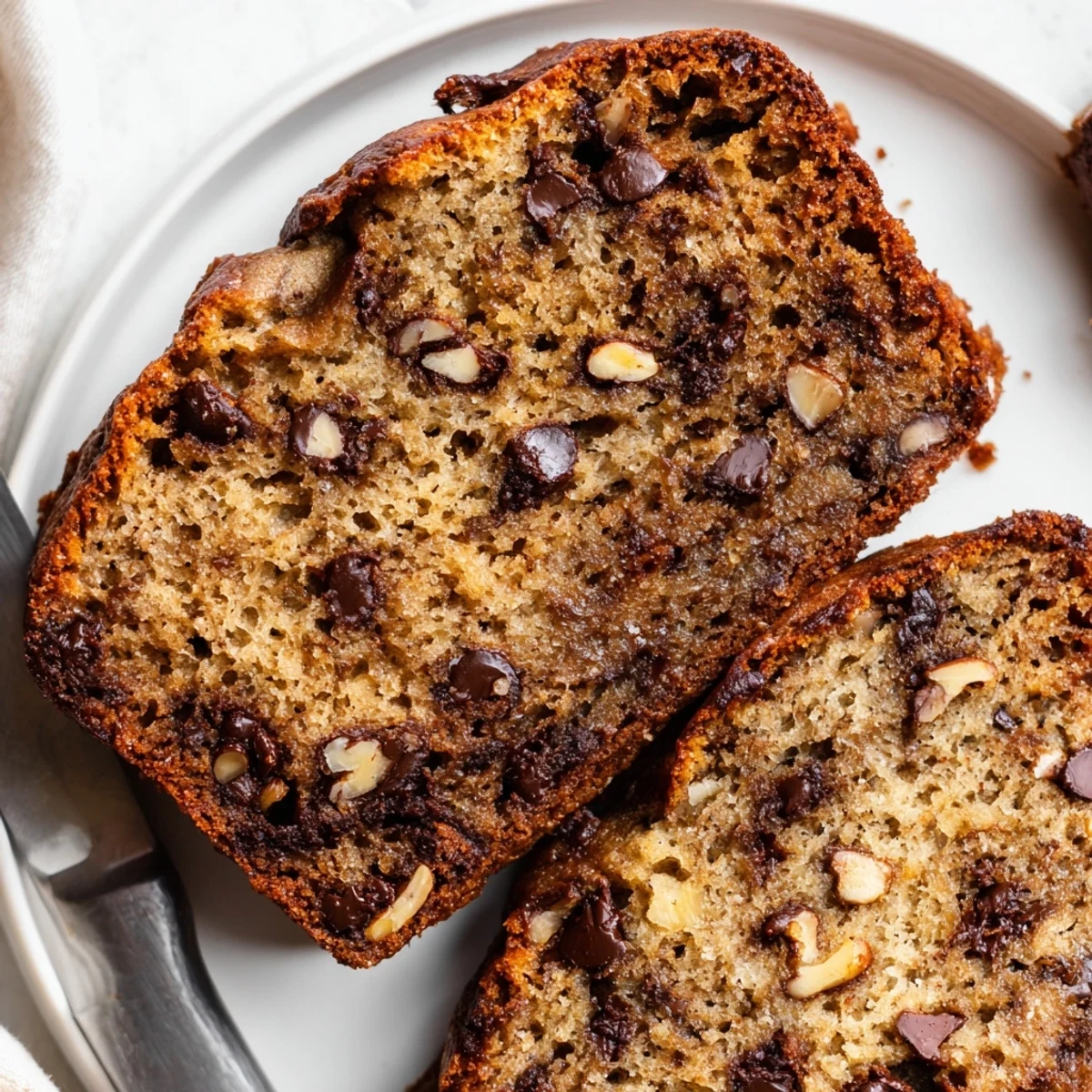 Golden-brown Chocolate Chip Banana Bread Loaf topped with chocolate chips, cooling on a wire rack for serving.