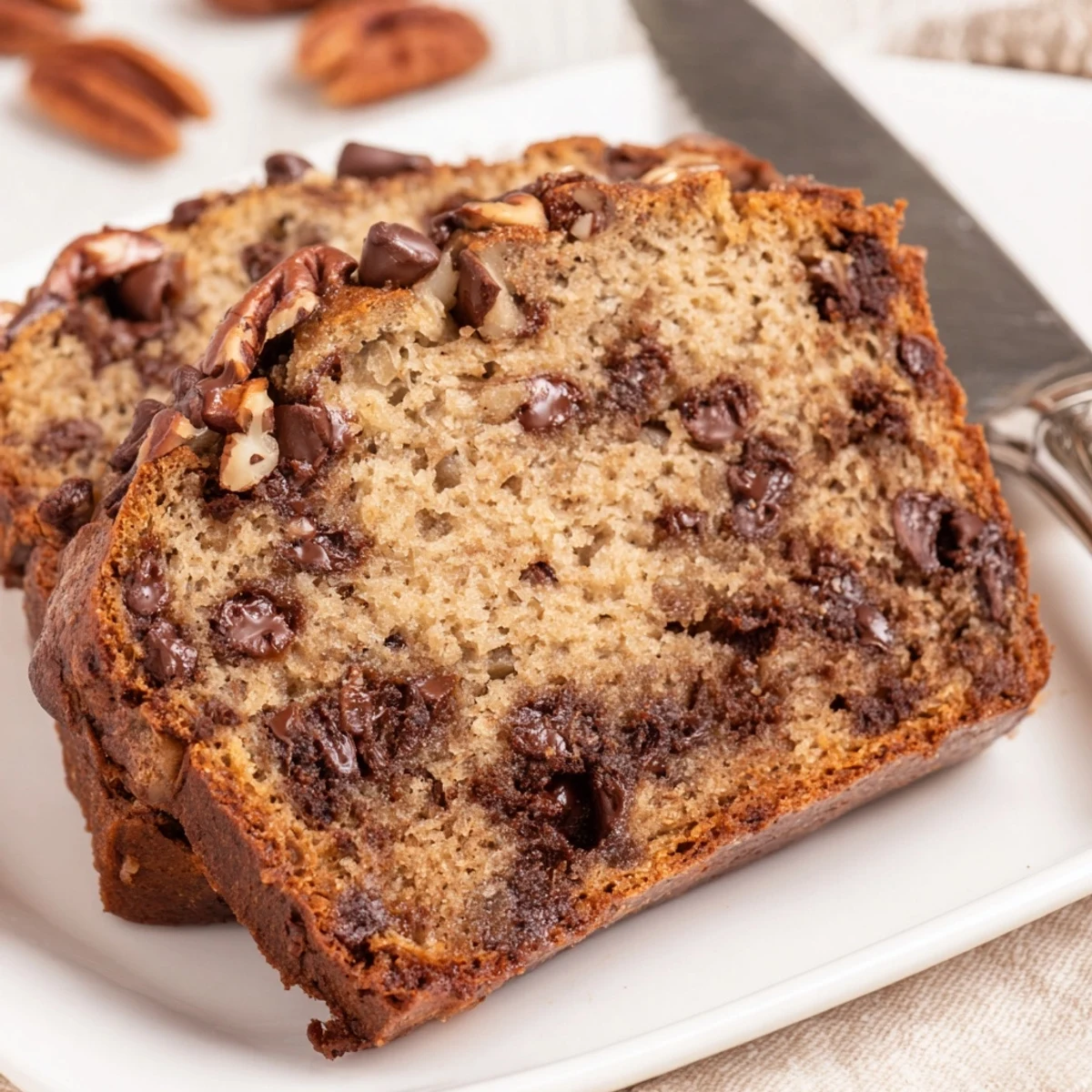 Freshly baked Chocolate Chip Banana Bread Loaf with walnut crumbles, sliced to reveal tender crumb and chocolate pockets.