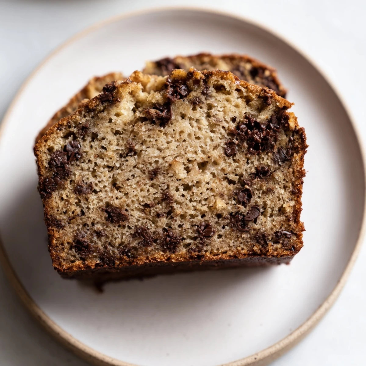 Freshly baked Chocolate Chip Banana Bread cooling on a wire rack with golden brown crust and visible melty chocolate chips.