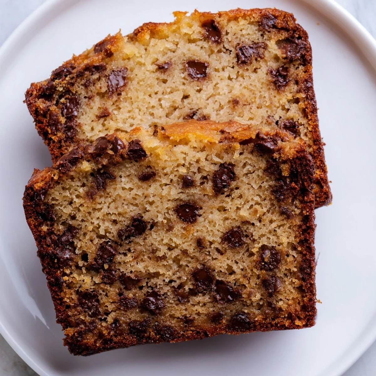 Slice of warm Chocolate Chip Banana Bread showing moist interior crumb with chocolate chips, served on a white plate.