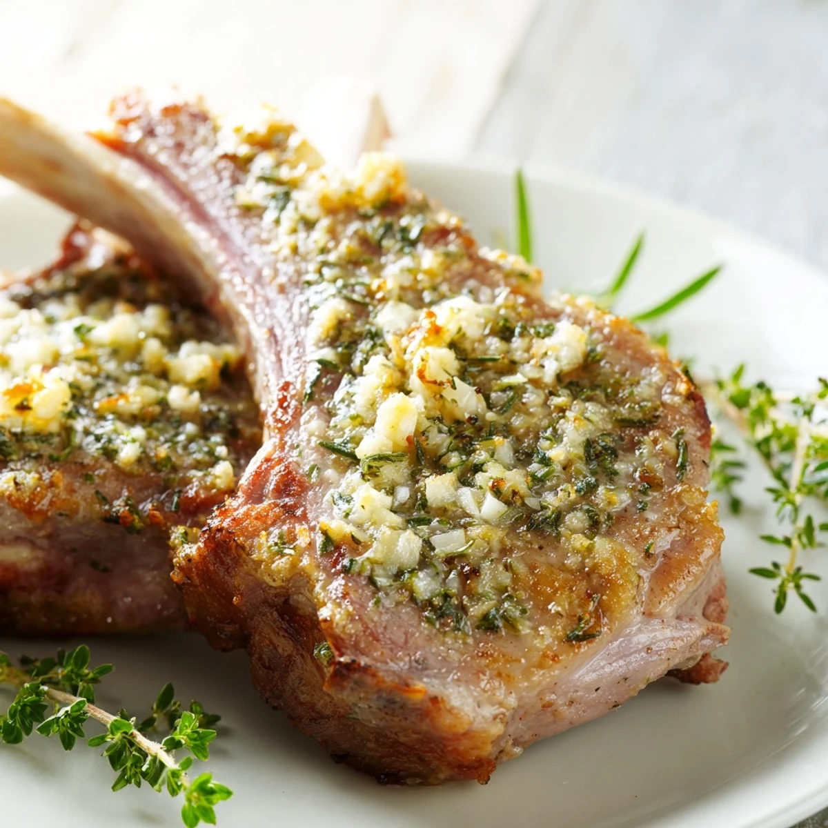 Tender roasted lamb chops resting on a wooden board with garlic herb crust and sliced lemon for serving.