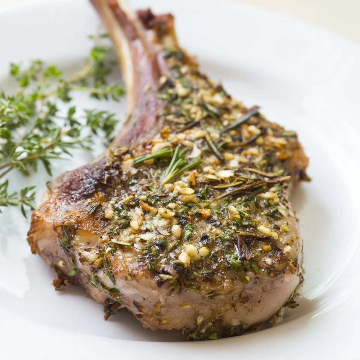 Golden brown roasted lamb chops in an oven-safe skillet with aromatic rosemary and thyme, ready to enjoy.