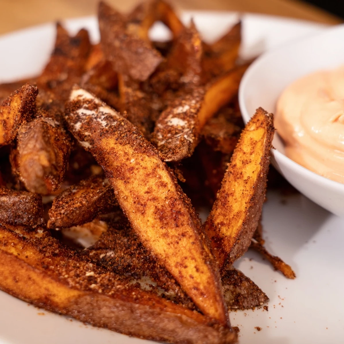 Golden-brown, oven-baked Cajun Spiced Fries with Spicy Mayo on a rustic plate, garnished with fresh parsley.