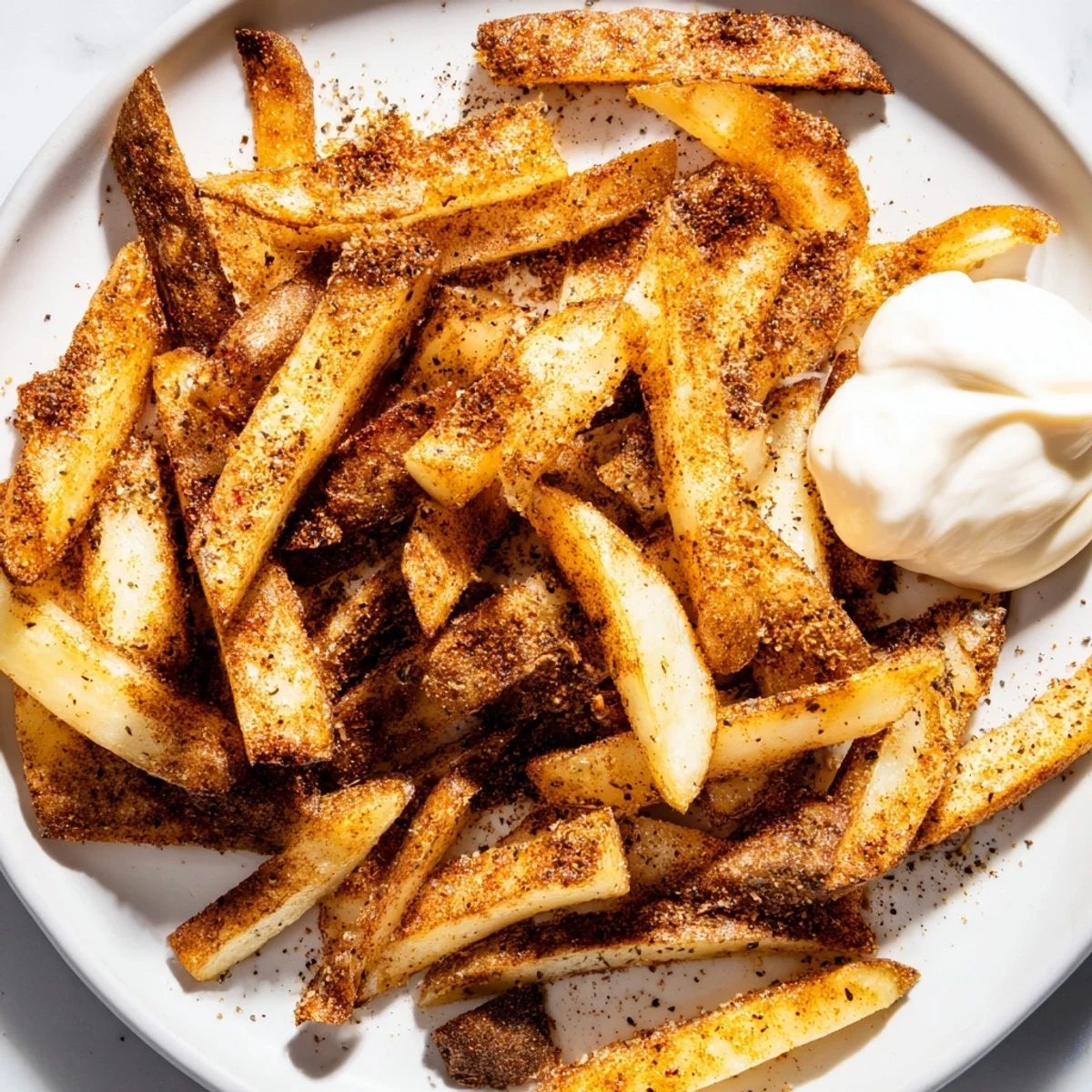 Hot Cajun Spiced Fries with Spicy Mayo served on a wooden board, perfect for a side dish.