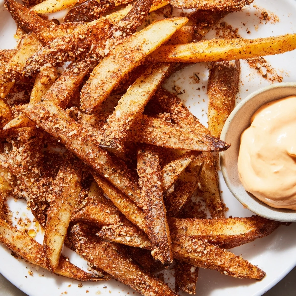 Crispy Cajun Spiced Fries with Spicy Mayo arranged next to a creamy dipping sauce for a flavorful snack.