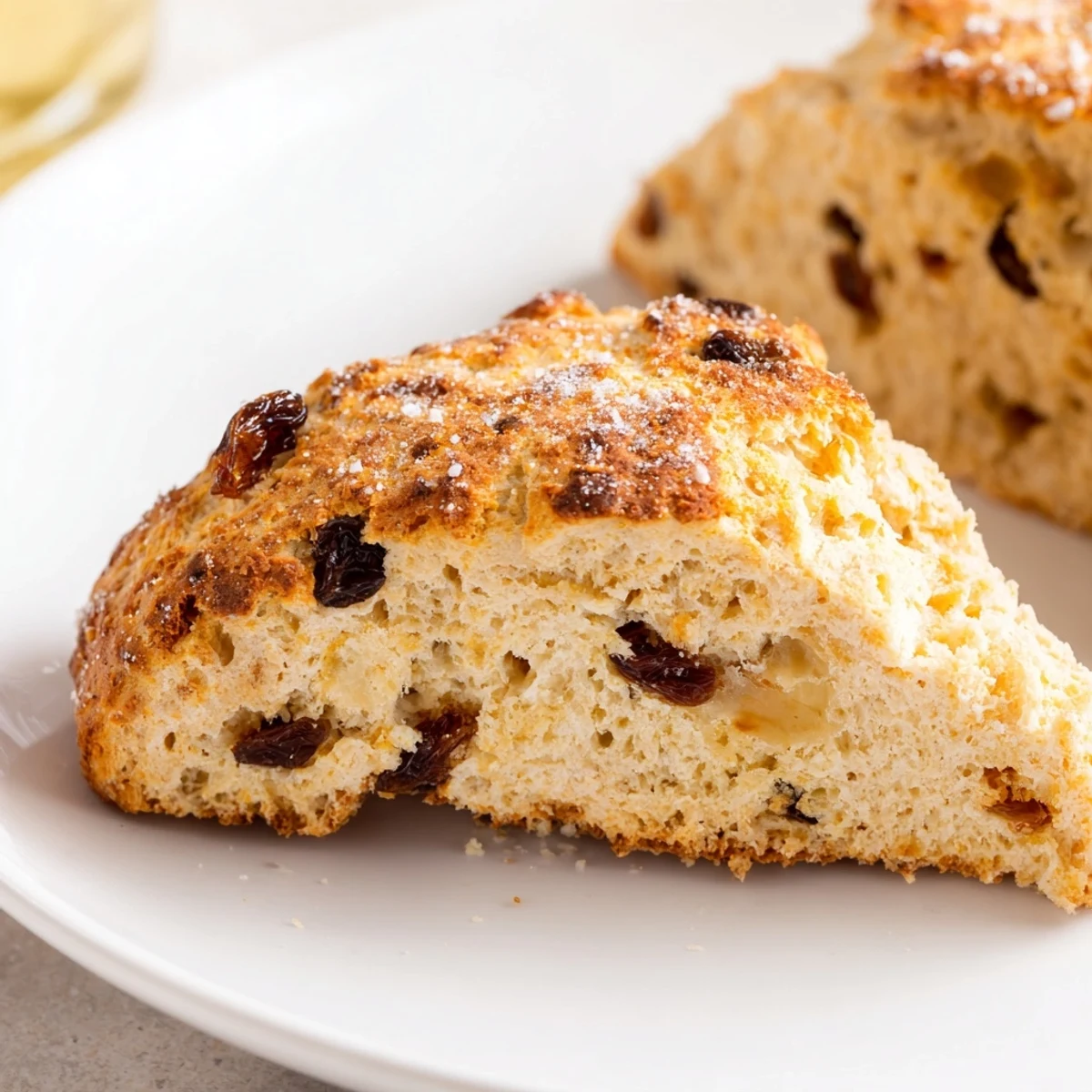 A close-up of Irish Soda Bread Scones with caraway seeds, crumbly interior, and butter melting on top. 