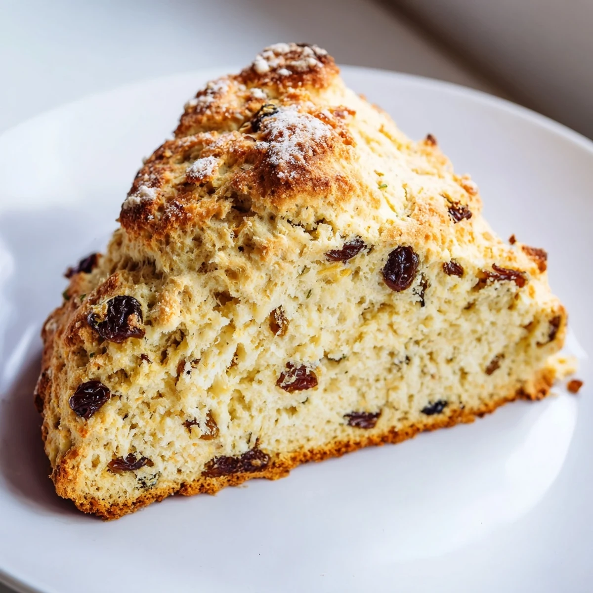 Freshly baked Irish Soda Bread Scones with golden crust and raisins, served warm with jam and butter. 