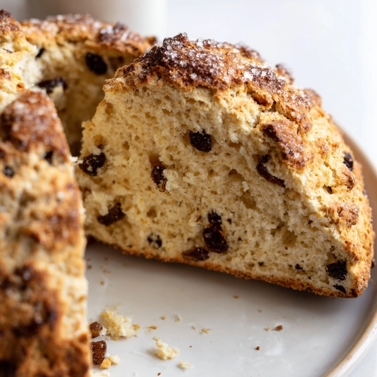 Homemade Irish Soda Bread Scones on a rustic board with tea, showcasing a tender, light texture.