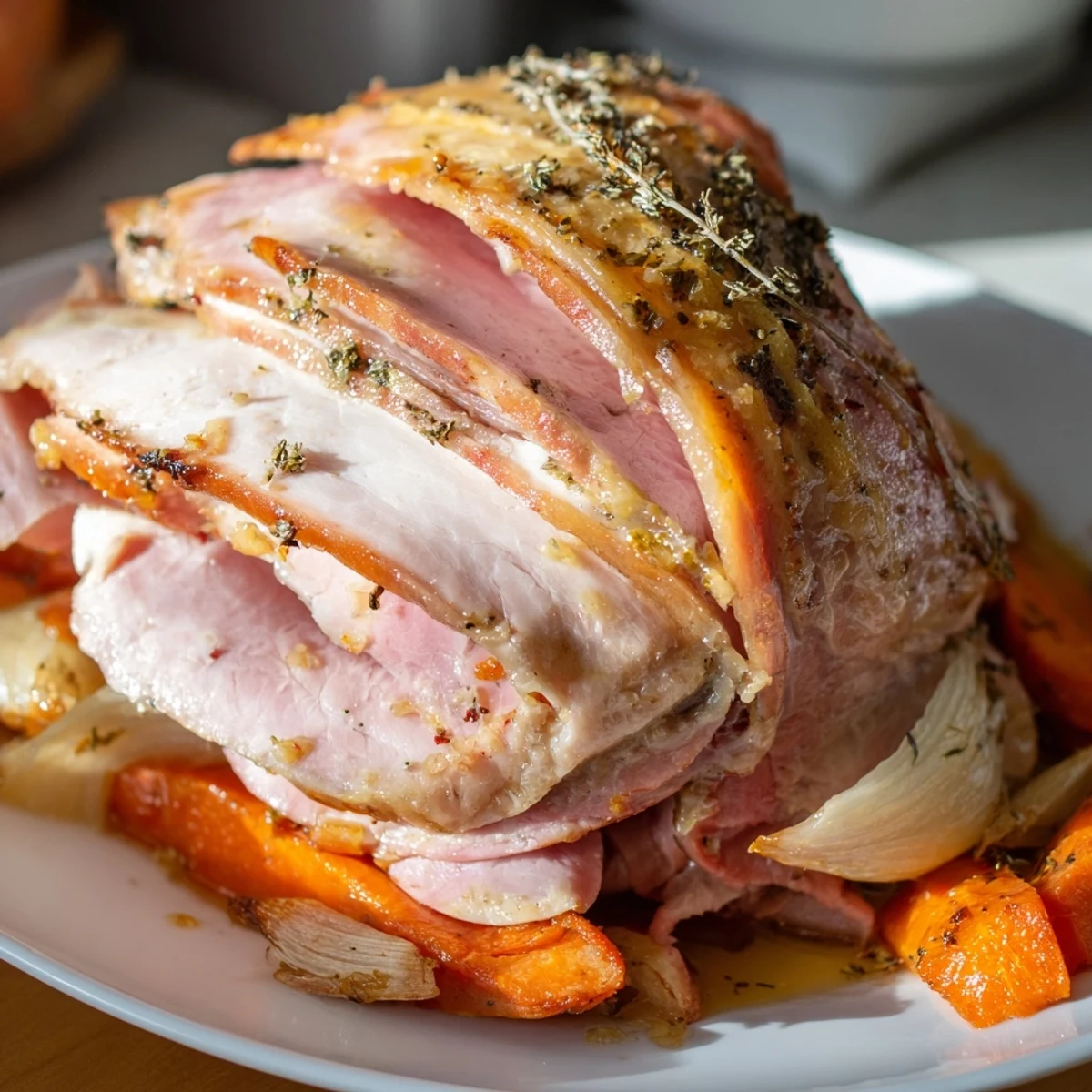 A juicy sliced Easter Turkey Ham Roast reveals smoky ham layers beside tender turkey breast