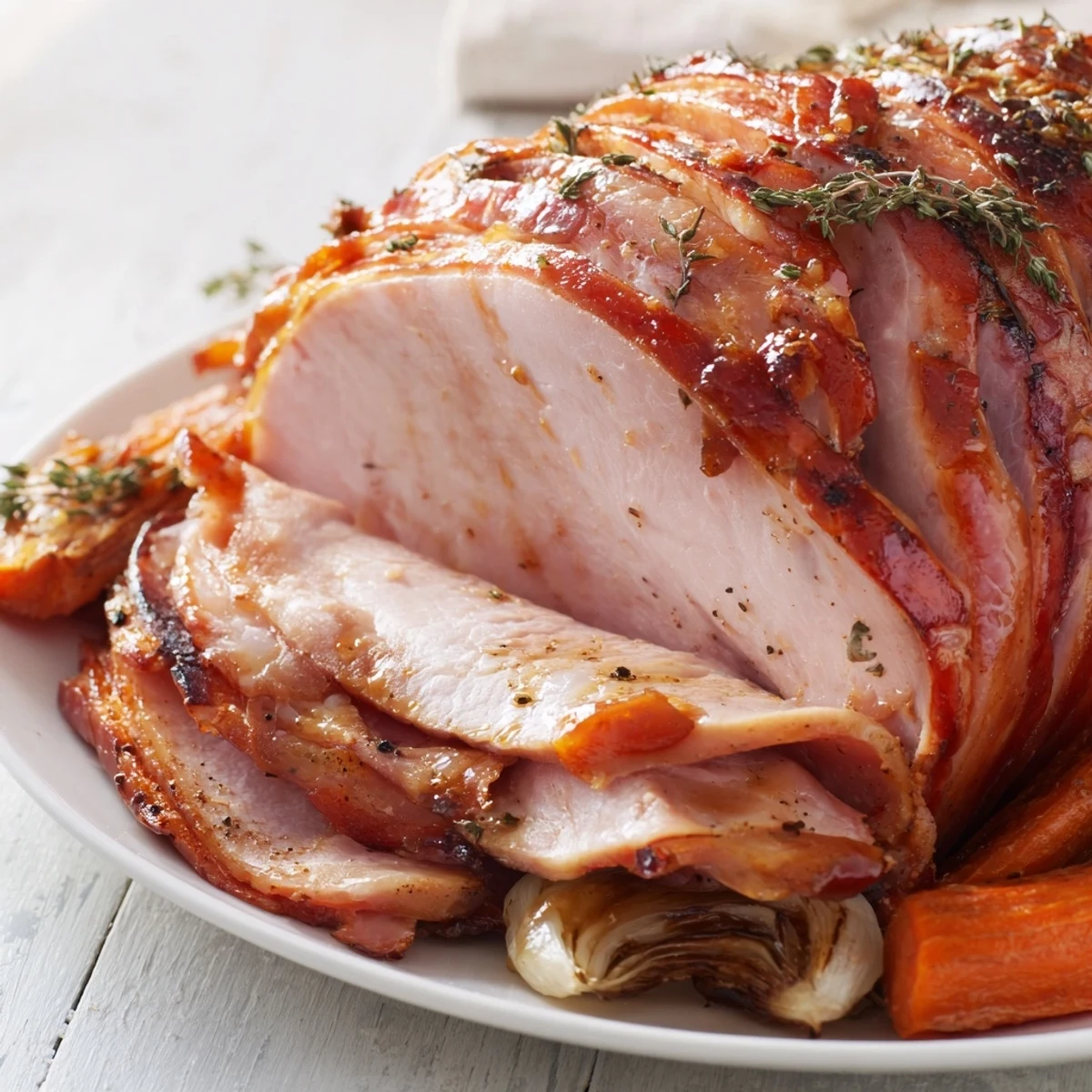 Golden glazed Easter Turkey Ham Roast glistening with honey herbs and juices on a festive platter