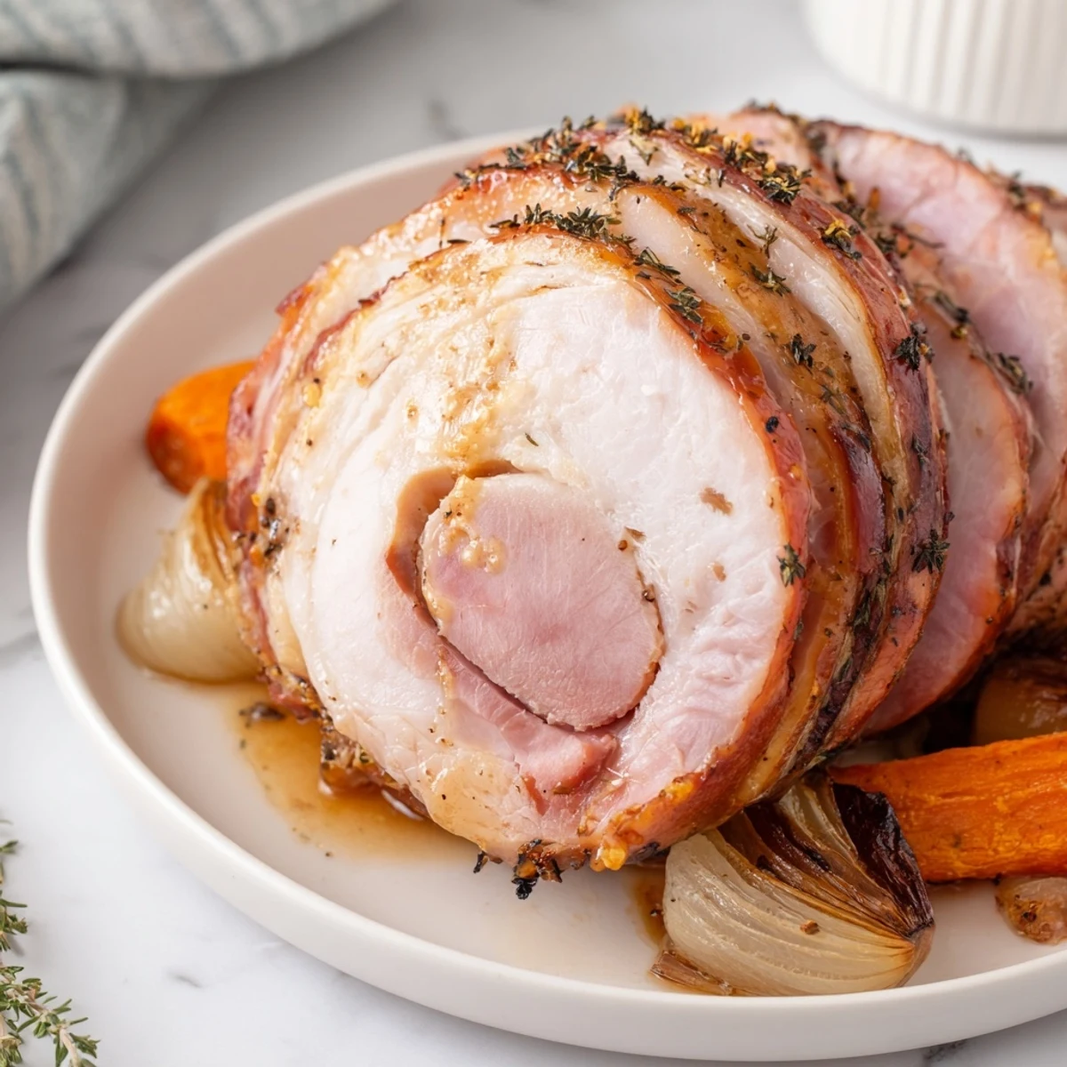 Succulent Easter Turkey Ham Roast served with roasted carrots and celery on an Easter table