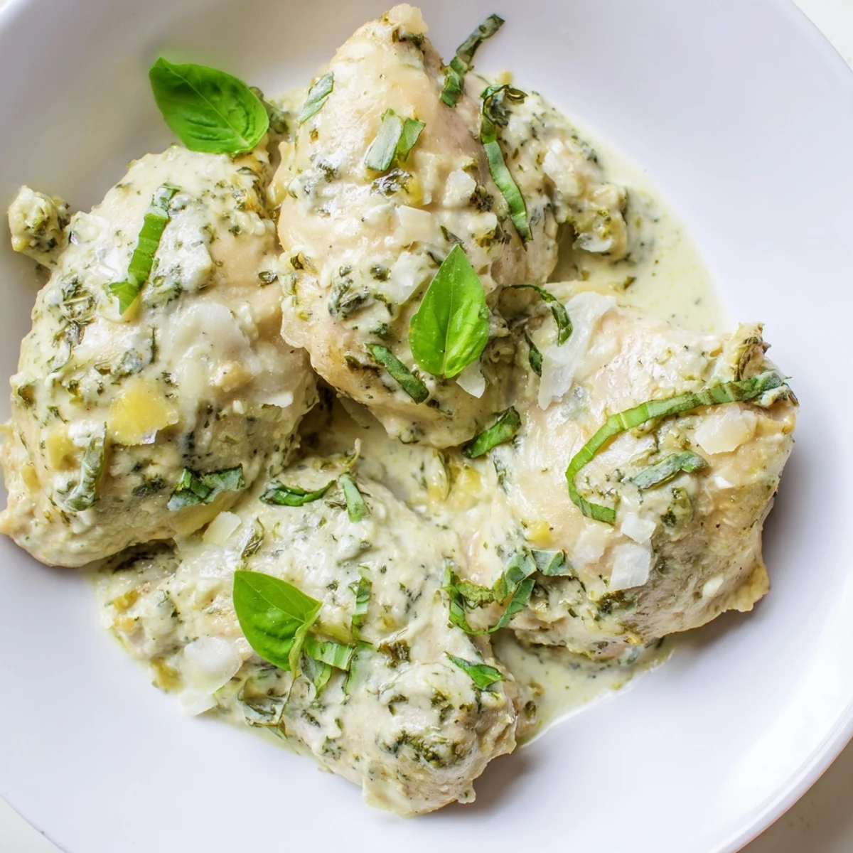 Slow-cooked Pesto Ranch Crock Pot Chicken Thighs in a creamy green sauce, served over steamed rice for a comforting dinner.