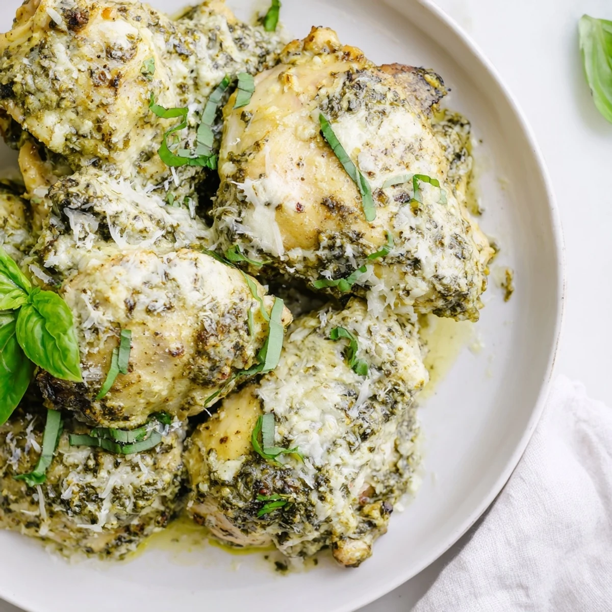 Succulent Pesto Ranch Crock Pot Chicken Thighs garnished with fresh basil and Parmesan, perfect for an easy family meal.