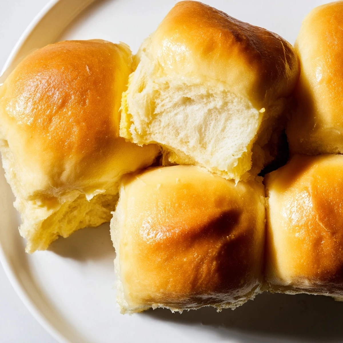 Close-up of freshly baked vegan dinner rolls with a tender crumb and golden crust, served warm on a rustic wooden board.