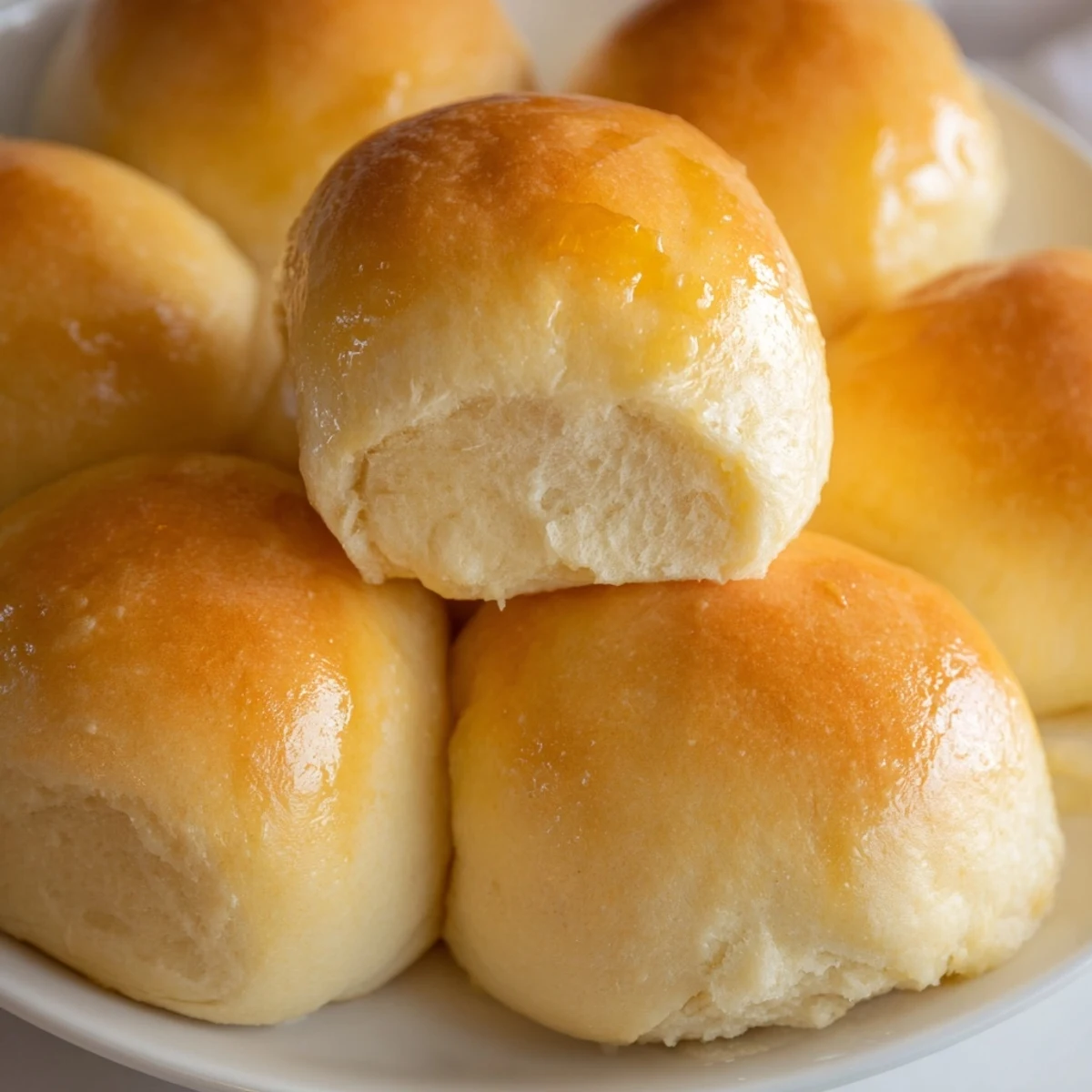 Golden brown, soft and fluffy vegan dinner rolls arranged in a baking dish, brushed with melted vegan butter for a glistening top.