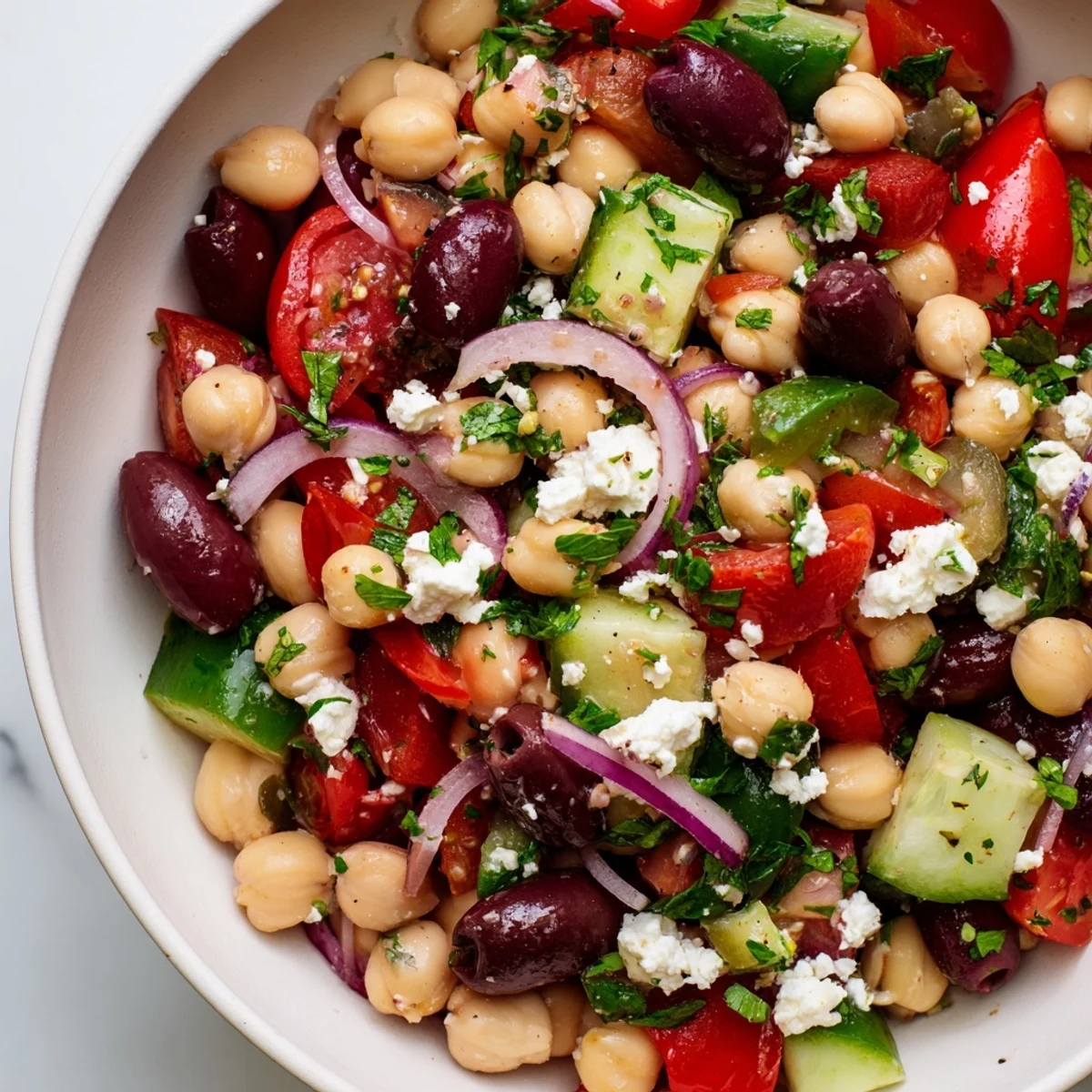 A vibrant Mediterranean Dense Bean Salad with chickpeas, cherry tomatoes, and feta on a plate.