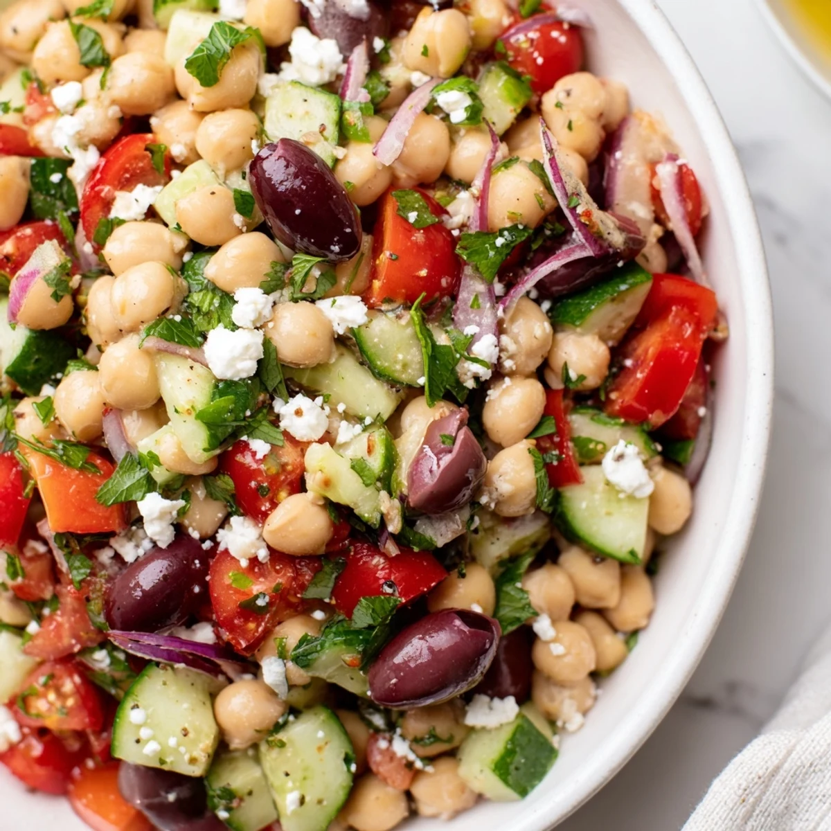 This Mediterranean Dense Bean Salad is served in a white bowl with fresh parsley and olives.
