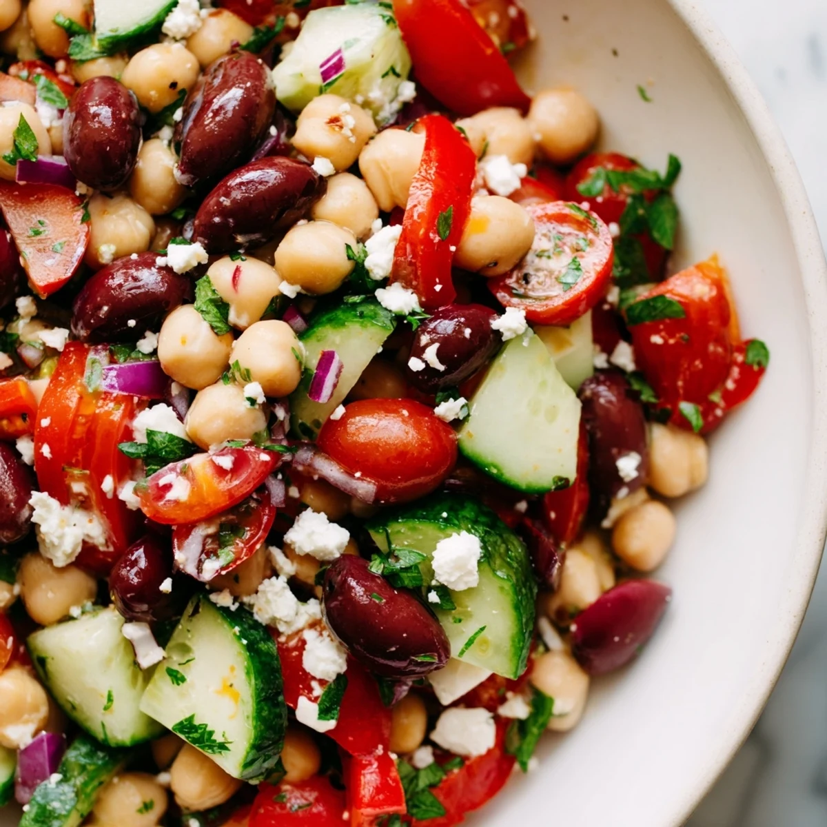 Close-up of Mediterranean Dense Bean Salad showing diced cucumbers, bell peppers, and a light lemony dressing.