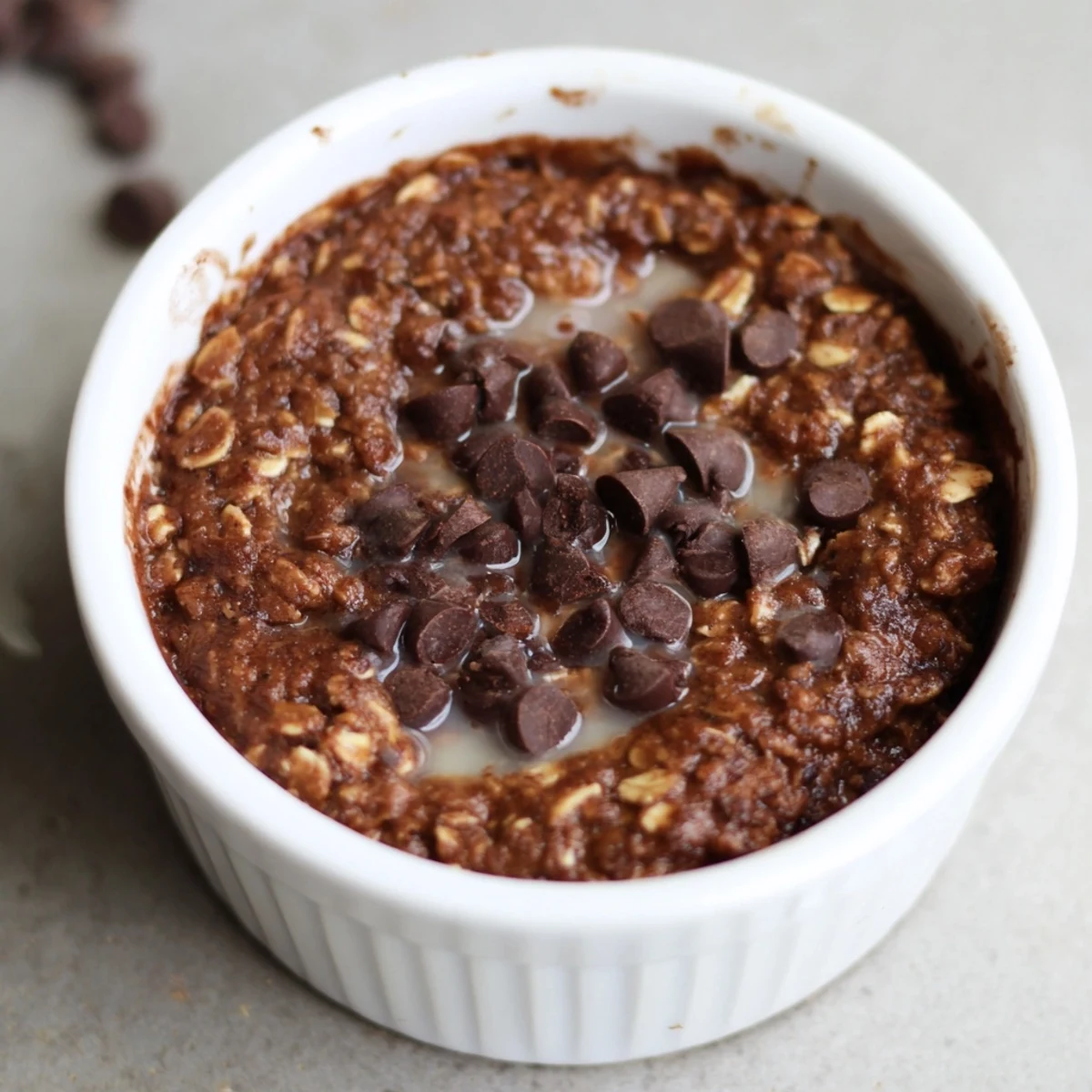 Steaming Easy Chocolate Baked Oats in a ramekin with melted chocolate chips on top.