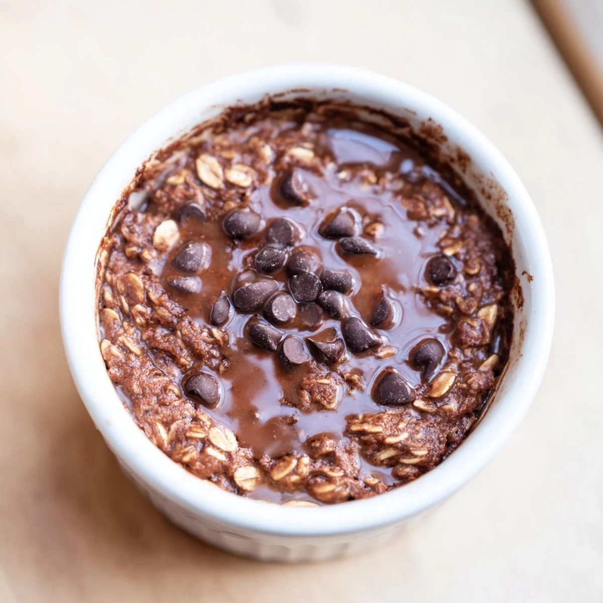 Rich and fudgy Easy Chocolate Baked Oats topped with a drizzle of maple syrup.