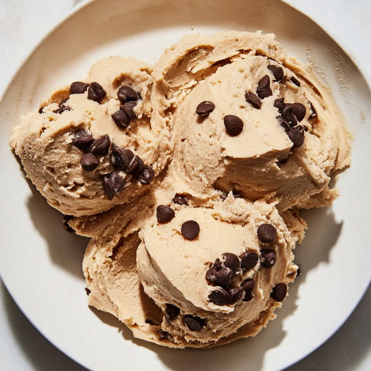 A spoon dips into creamy Edible Keto Cookie Dough, revealing a rich texture against a backdrop of almond flour ingredients.