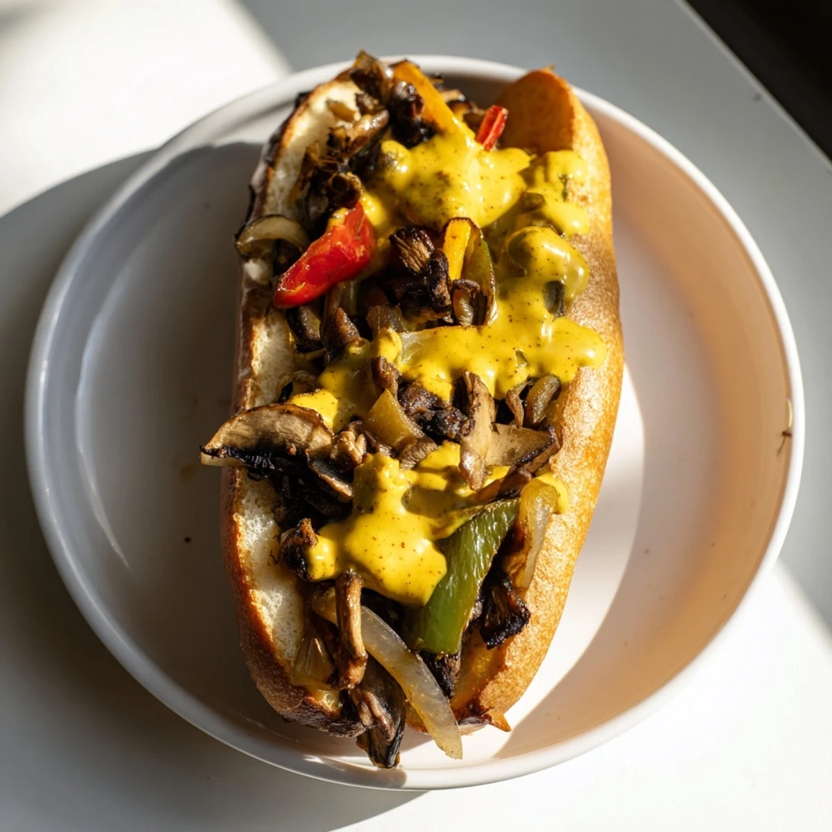 Vegan Philly Cheesesteaks served hot with creamy cashew-based cheese sauce dripping over the toasted bread.