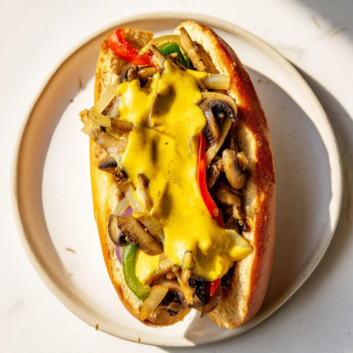 Sizzling portobello mushroom filling on a fresh roll for a mouthwatering bite of Vegan Philly Cheesesteaks.