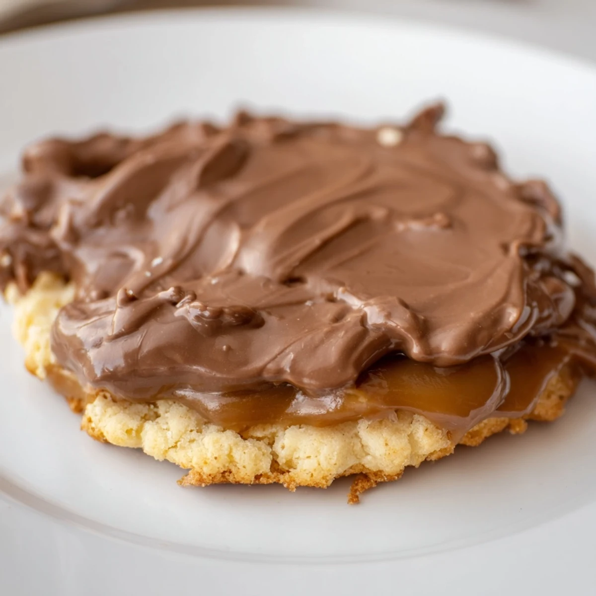 Warm Twix Cookies arranged on a cooling rack, showing caramel centers and melted chocolate drizzle.