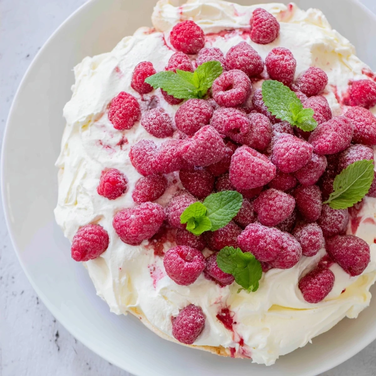 Close-up of Fresh Raspberry Tiramisu with juicy raspberries and coffee-dipped ladyfingers on a rustic plate.