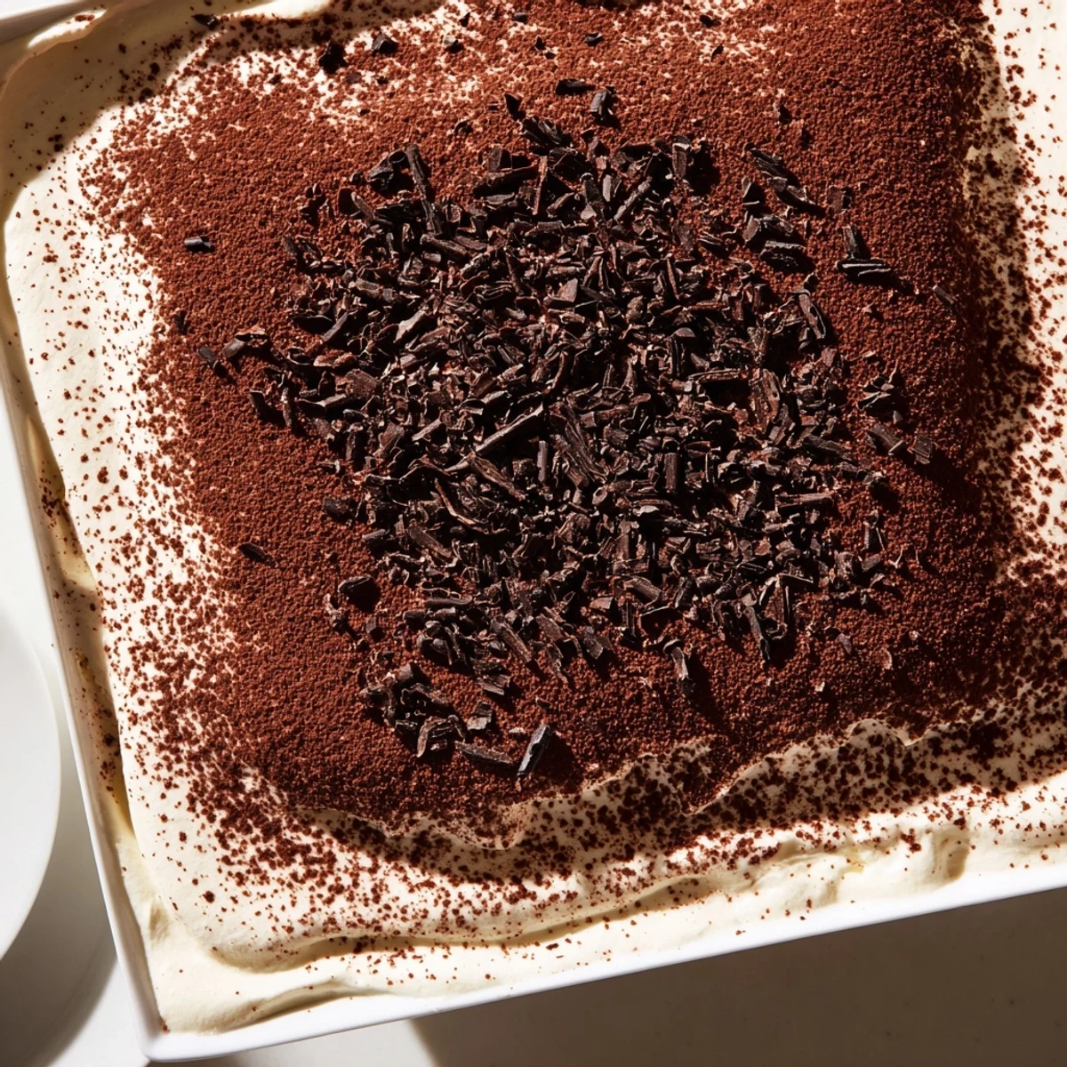 A close-up of Easy Tiramisu with cocoa-dusted topping, showcasing the creamy texture and classic Italian dessert presentation.