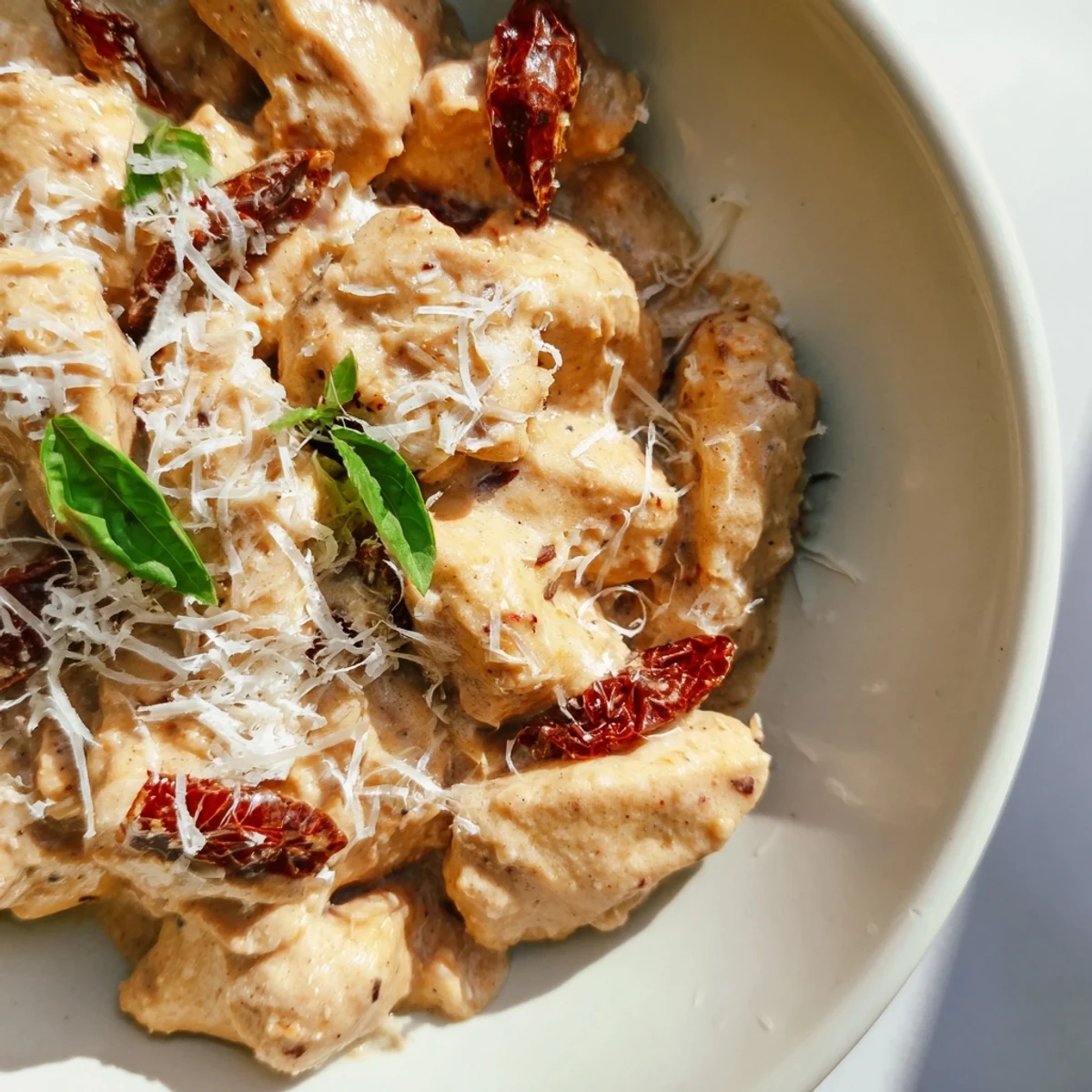 The finished Marry Me Slow Cooker Chicken Breast dish garnished with fresh basil.